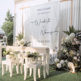 ป้ายผ้าดิบ พิมพ์ลาย ผ้าดิบ ขนาด 1.2x2.4 เมตร ปลายธง ป้าย Welcome ตกแต่ง Backdrop สถานที่ งานแต่งงาน ปาร์ตี้