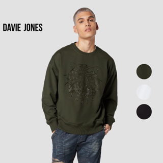 DAVIE JONES เสื้อสเวตเตอร์ โอเวอร์ไซส์ พิมพ์ลาย สีเขียว สีดำ สีขาว  Graphic Print Sweater in black white green SW0030GR WH BK