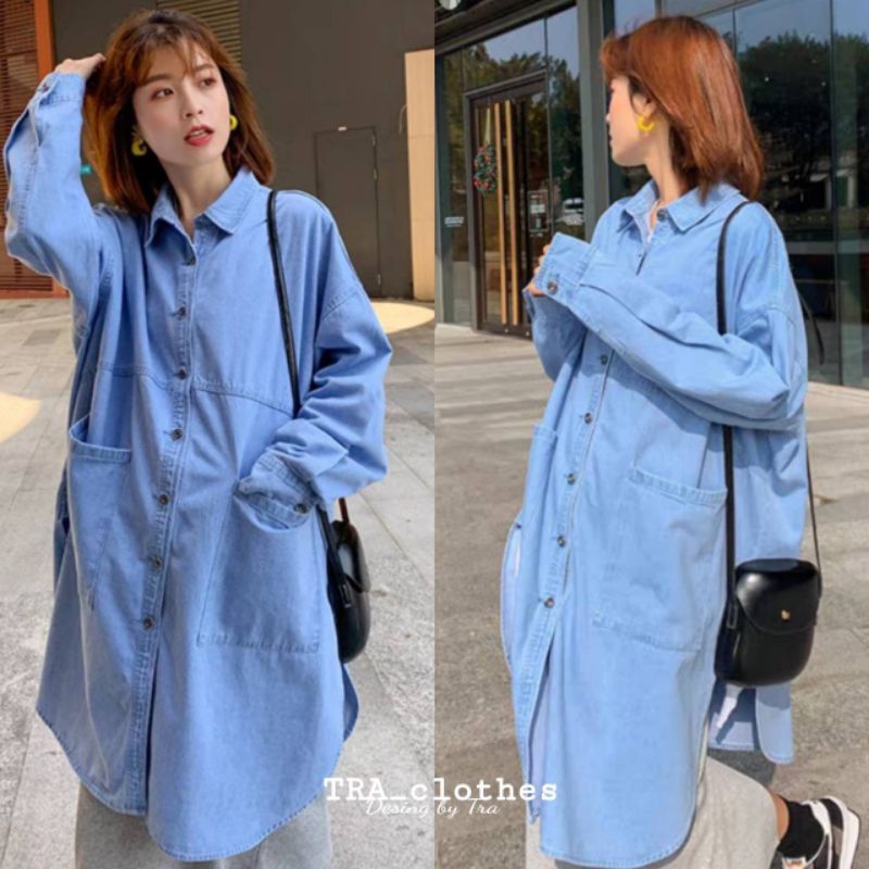 ทักก่อนสั่ง-เดรสเชิ้ตผ้ายีนส์ฟอกนิ่ม-freesize-อก46