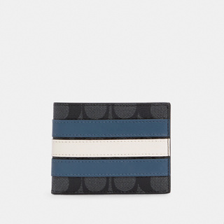 Coach 3004 Slim Billfold Wallet In Signature Canvas With Varsity Stripe (QBOH0) กระเป๋าสตางค์ผู้ชาย สี QB/Charcoal/Denim