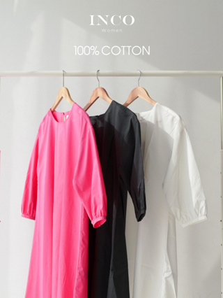 INCO Women เดรสสั้น แขนจั๊ม คอกลม แขนสามส่วน ผ้า cotton 100%