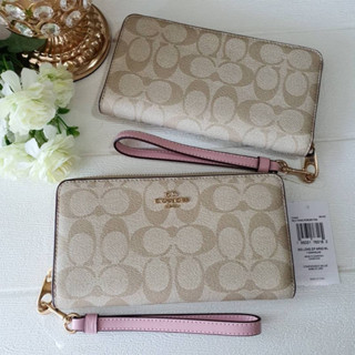 🎀 (สด-ผ่อน) กระเป๋าสตางค์ซิปรอบ มีสายคล้อง สีเบจลายซี coach C4452 LONG ZIP AROUND WALLET IN SIGNATURE CANVAS