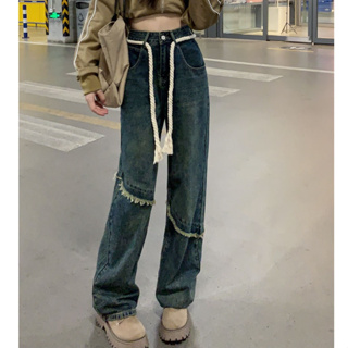SKT502 กางเกงยีนส์ขากว้างสีน้ําเงิน เอวสูงผู้หญิง กางเกงขายาวขาตรงวินเทจ