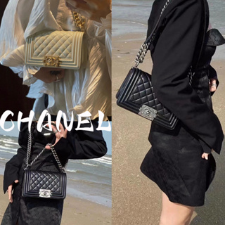 ชาแนล  CHANEL Le Boy Series หนังลูกวัว Gold Buckle Flap Bag ไหล่ Crossbody Small / กระเป๋าสตรี / 100% ของแท้