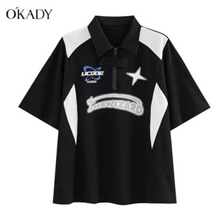 OKADY เสื้อยืดแขนสั้น คอปกโปโล ทรงหลวม สไตล์ลำลองสำหรับคู่รัก สไตล์เกาหลี สําหรับผู้ชาย