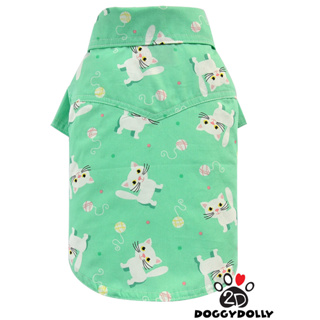 Petcloths -Doggydolly  เสื้อผ้าแฟชั่น สัตว์เลี้ยง ชุดน้องหมาน้องแมว เสื้อเชิ๊ต คอปก สีเขียว ลายเหมียว ไซส์ 1-9 โล  S128