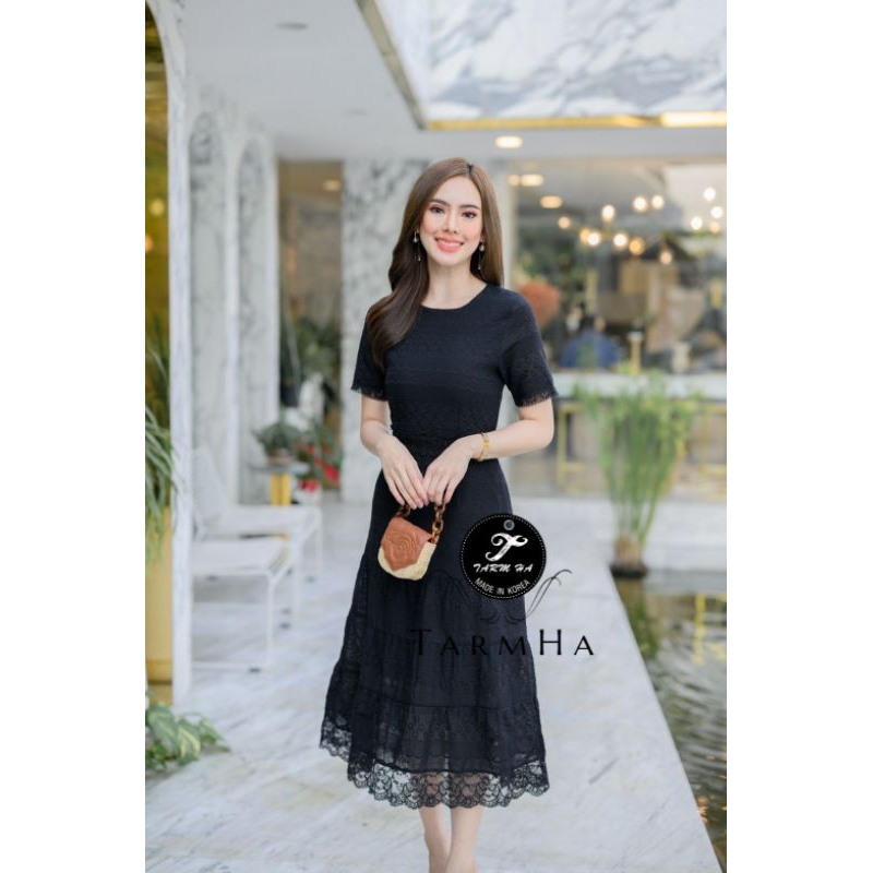 พร้อมส่งเดรสดำออกงาน-s-6xl-dress-เดรสสีดำผ้าฉลุลายชายลูกไม้-งานป้าย-tarm-ha