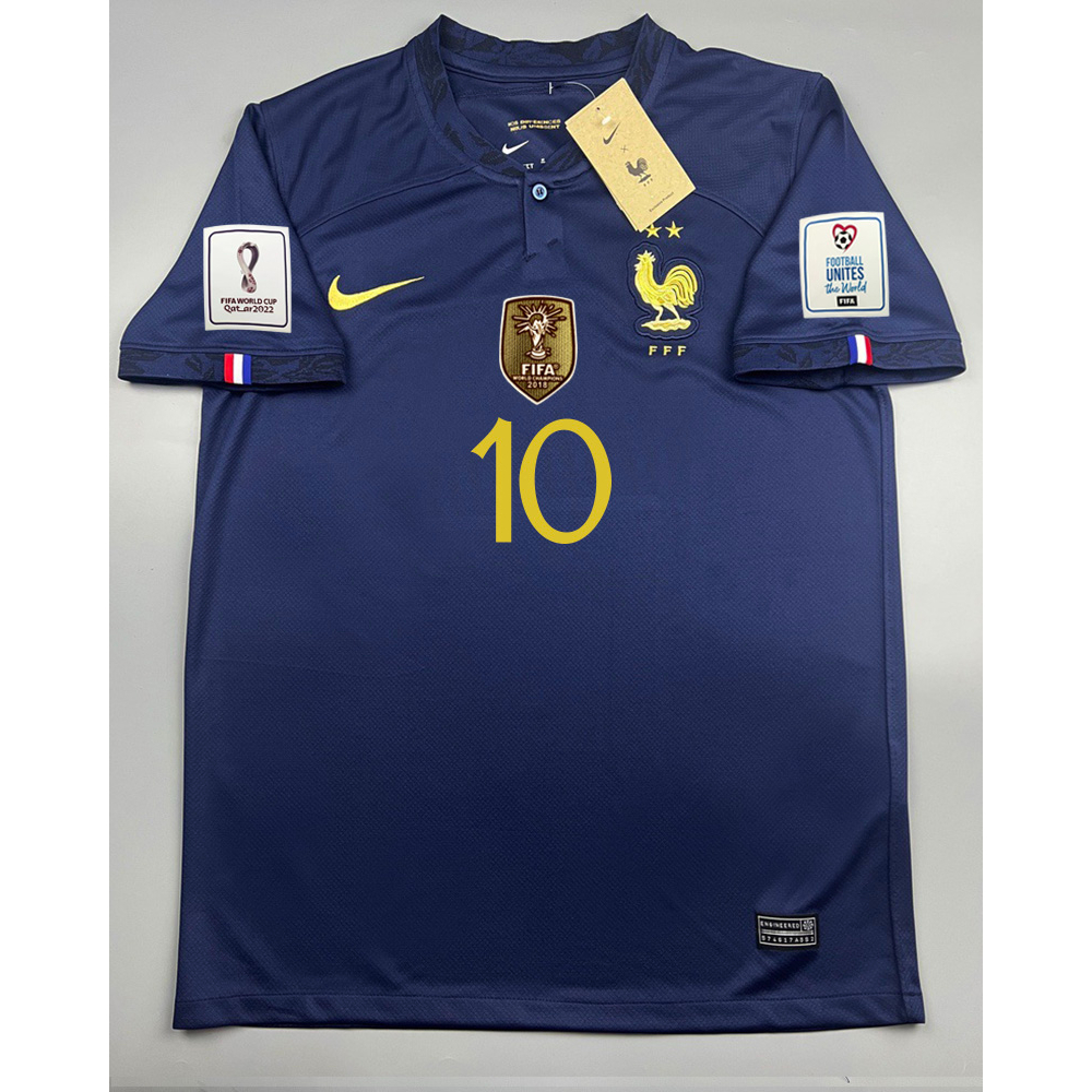 เสื้อบอล-แฟนบอล-ทีมชาติ-ฝรั่งเศส-เหย้า-2022-23-france-home-พร้อมเบอร์ชื่อ-10-mbappe-อาร์มฟุตบอลโลก-world-cup-2022