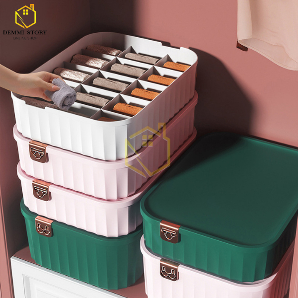 กล่องจัดระเบียบ-มี3สี-กล่องอเนกประสงค์-กล่องเก็บชุดชั้นใน-วัสดุพลาสติก-กล่องเก็บของพร้อมฝาปิด-กล่องเก็บถุงเท้า-demmi