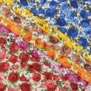 สินค้า ผ้าคอตต้อนทีซี Cotton TC ลายดอกกุหลาบพื้นขาว หน้ากว้าง 45 นิ้ว ผ้าเมตร ผ้าหลา