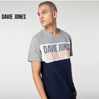 DAVIE JONES เสื้อยืดพิมพ์ลาย ทรง Regular Fit สีกรม เทา Logo print Regular Fit T-shirt in navy WA0120NV