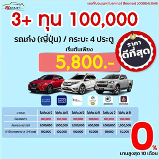 3+ ทุน 1 แสน รถเก๋ง กระบะ 4 ประตู เริ่ม 5,800 ราคาดี ไม่มีบวกเพิ่ม ประกันดี เคลมง่าย  ประกันภัย ผ่อนได้