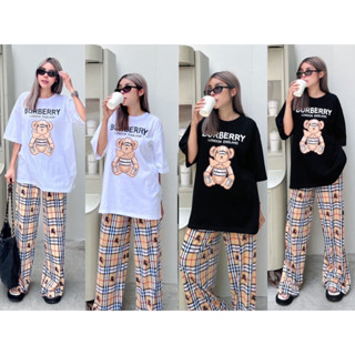 ! Fashion Set  Set เสื้อยืดทรง Oversize สกรีนหน้า แมตส์กับกางเกงขายาวทรงปล่อยพิมพ์ลายกางเกง คือดี