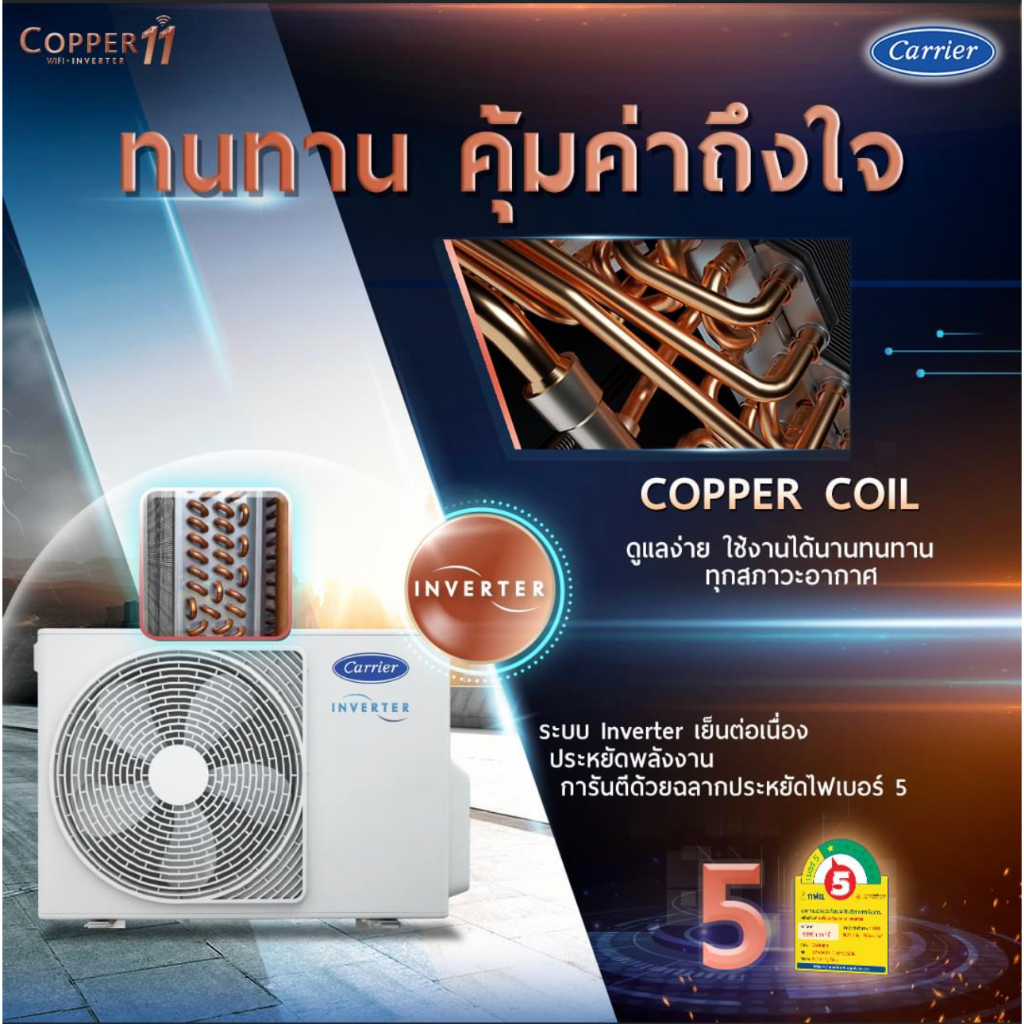 ภาพสินค้าCARRIERแอร์ติดผนังระบบอินเวอร์เตอร์รุ่นCOPPER11มีขนาด9200-25200BTU จากร้าน carrier.officialshop บน Shopee ภาพที่ 3