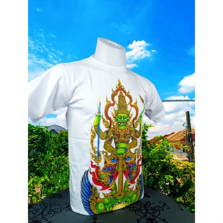 เสื้อยืด ลายไทย คอกลม สีขาว ลายท้าวเวสสุวรรณตาแดง ผ้าcotton100%