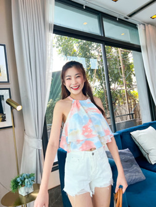 🦋เสื้อแขนกุดคล้องคอระบาย 2 ชั้น สายสามารถปรับความยาวได้🦋