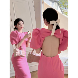 (พร้อมส่ง) Pinkky backless dress 🍩🌷C3820 เดรสยาวเว้าหลัง เดรสเที่ยวทะเล เดรสยาวสีชมพู เดรสยาวแขนพอง