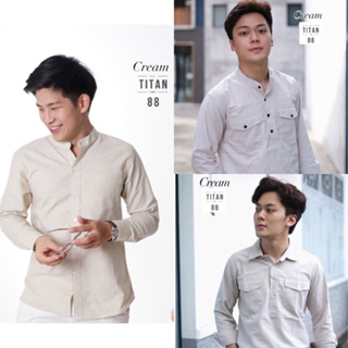 เสื้อเชิ้ตผู้ชายสีครีม สีเบจ ผ้าOxford มีหลายแบบให้เลือก คอจีน/คอจีนกระเป๋าคู่/คอปกกระเป๋าคู่ แขนยาว