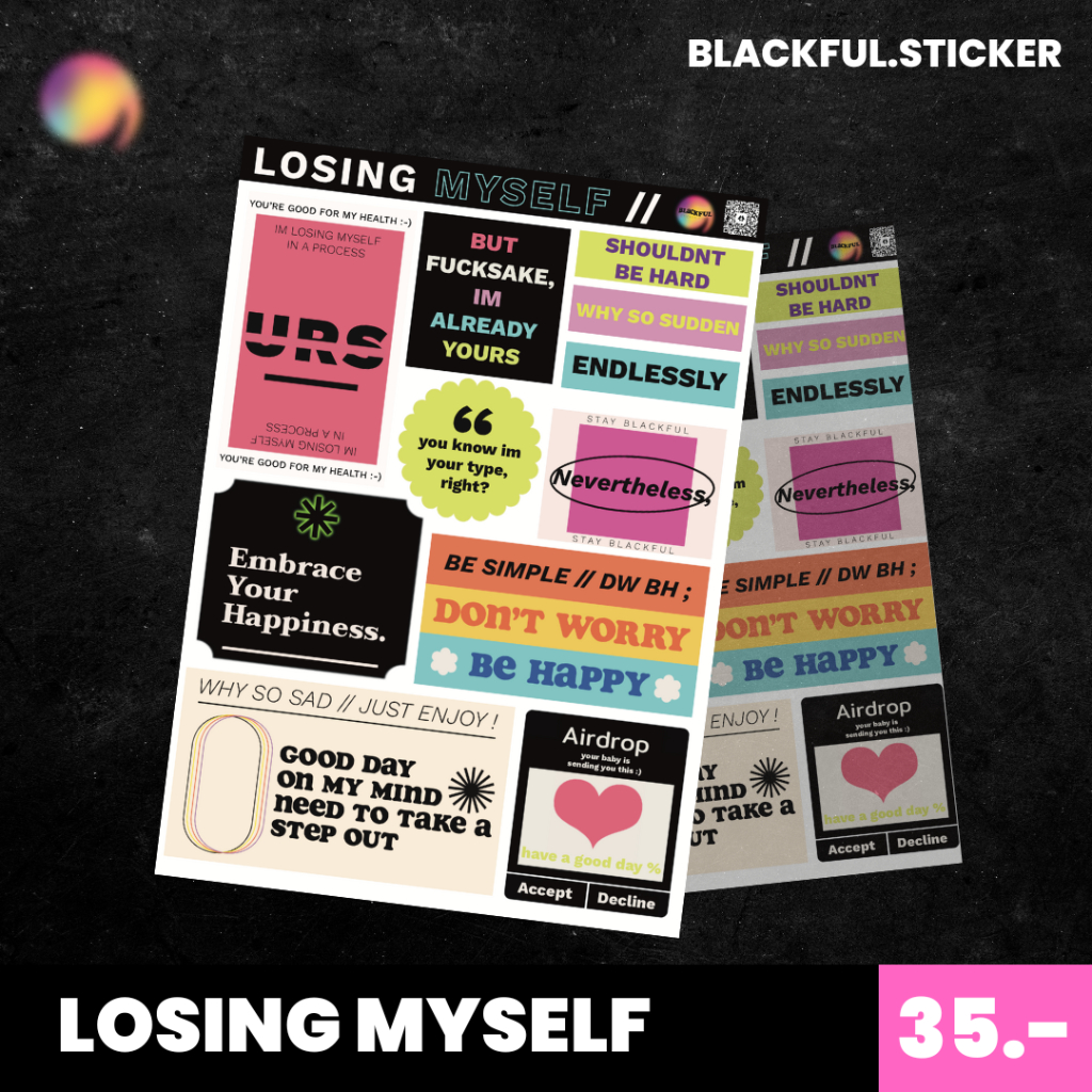 สติ๊กเกอร์ไดคัท-losing-myself-สติกเกอร์ขนาด-a6-ตกแต่ง-cool-sticker-blackful-sticker