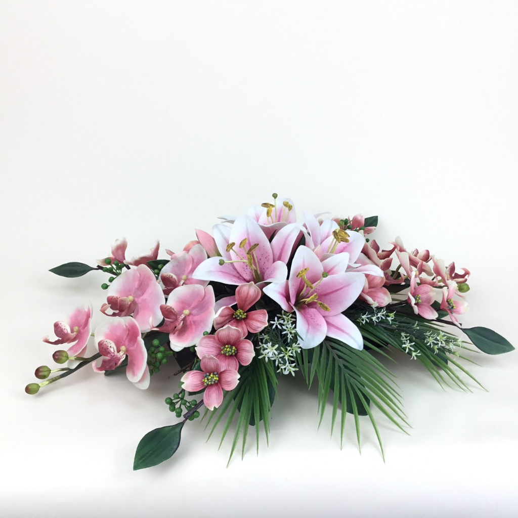 แจกันดอกไม้ประดับโพเดียม-ดอกไม้ประดิษฐ์เกรดพรีเมียม-แจกันดอกไม้ปลอมทรงแนวนอนเตี้ย