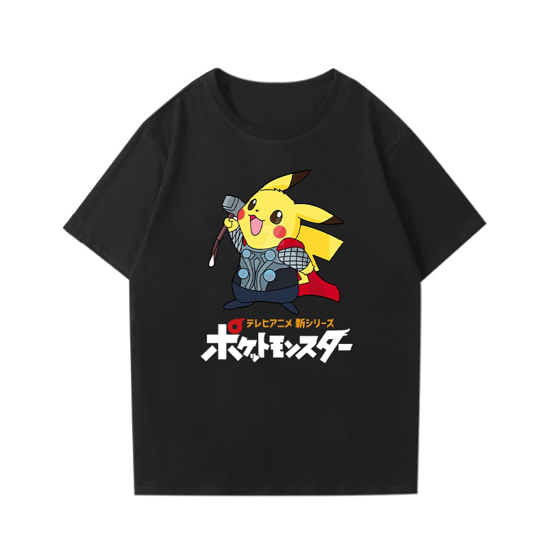 เสื้อยืดลาย-pikachu-น่ารัก-แขนสั้น-เสื้อโอเวอร์ไซส์สำหรับผู้ชายและผู้หญิงคอกลม