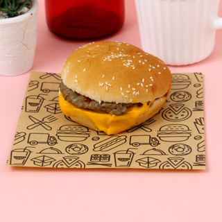 Boxjourney กระดาษรองอาหาร 6x6 นิ้ว ลาย Burger สีน้ำตาล (ไม่เคลือบ) (100 ชิ้น/แพ็ค)