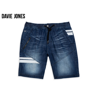DAVIE JONES กางเกงขาสั้น ผู้ชาย เอวยางยืด สีฟ้า คาดหนัง Elasticated Shorts in navy SH0072LN