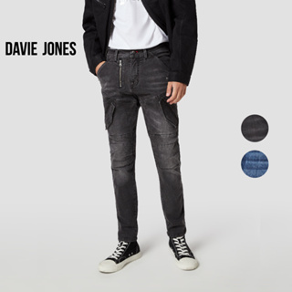 DAVIE JONES กางเกงยีนส์ ผู้ชาย ทรงไบค์เกอร์ สกินนี่ สีดำ สีกรม Biker Skinny Fit Jeans in black navy CO0049BK NV