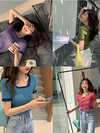 PBB58005 เสื้อครอปผ้าไหมน้ำแข็งไหมพรมคอเหลี่ยมแขนสั้นผู้หญิง เสื้อสวมหัวกระดูกไหปลาร้าที่เปิดเผยเซ็กซี่แฟชั่นเกาหลี
