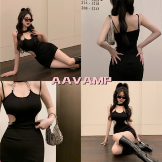 AAVAMP พร้อมส่ง ชุดเดรส สีดำกลวงโซ่เชือกแขวนคอแขนกุดเซ็กซี่แพคเกจสะโพกมินิ