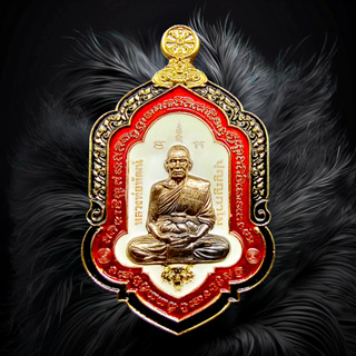 เหรียญหลวงพ่อพัฒน์ ปุญญฺกาโม รุ่นรวยโชคลาภ ปี 2563 เนื้อกะไหล่ทองหน้ากากนวะ ลงยาพื้นขาวแดงขอบดำ