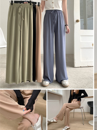 PBB911 กางเกงขายาวขากว้างแฟชั่นเกาหลีผู้หญิง กางเกงขาผู้หญิงใส่สบายเอวสูงตรงเอวยางยืด เสื้อผ้าสาวอวบ ลำลองสีทึบเรียบง่าย