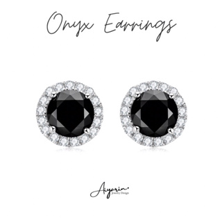 AYRD | Onyx Stud Earrings ต่างหูเงิน925 ฝังนิลเเท้ล้อมคิวบิกซ์เซอร์โคเนีย ชุบโรเดียม