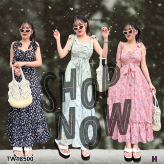 B18500 Maxxi Dress สายผูกไหล่ 2 ข้าง ลายดอกไม้ มีสายผุกเอว Maxi Dress with 2 shoulder straps, floral pattern, waist stra