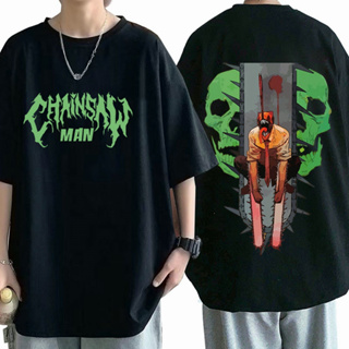 Chainsaw Man-Denji อนิเมะ เสื้อยืดผ้าฝ้าย ลายการ์ตูนตลกสไตล์ชายแบบเสื้อยืด