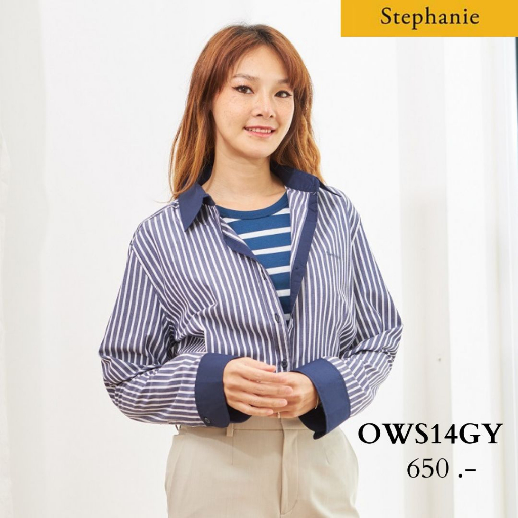 gsp-stephanie-เสื้อมีปก-แขนยาว-ลายทางสีน้ำเงิน-ows14gy