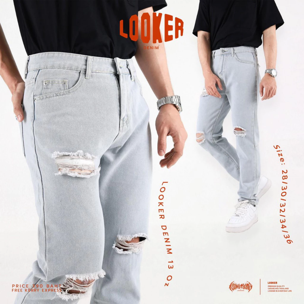 LOOKER - กางเกงยีนส์ขายาวสีฟอกแบบขาดเข่า https://wayoza.com