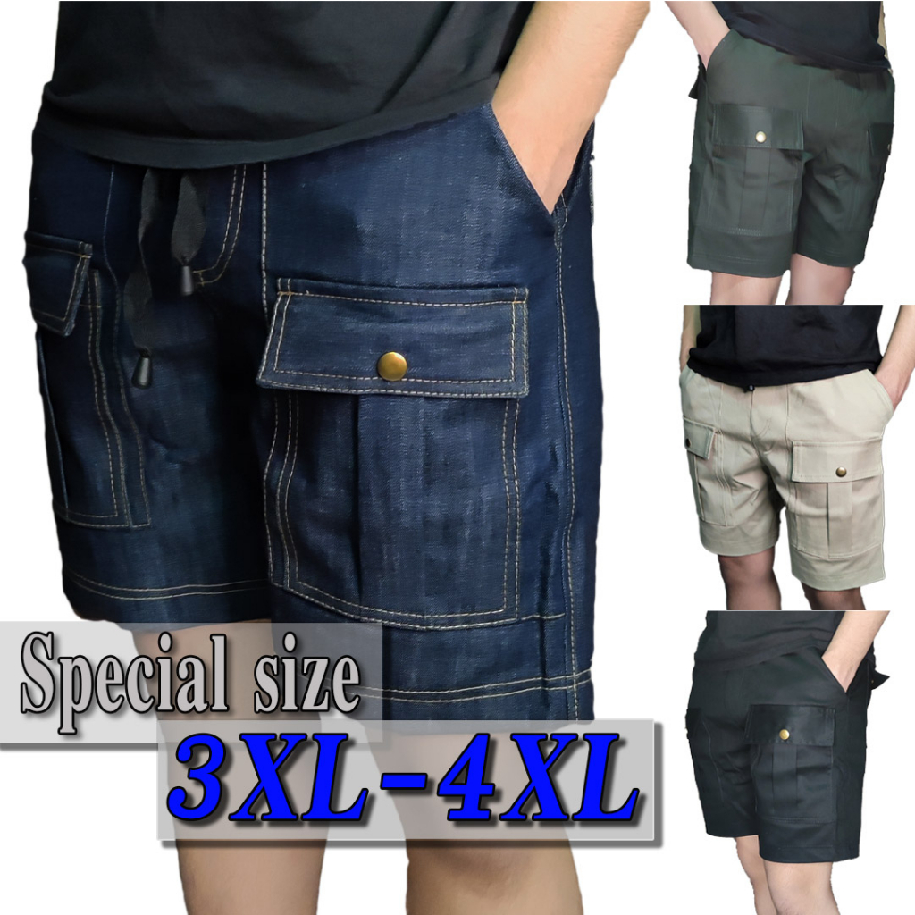 ภาพหน้าปกสินค้ากางเกงขาสั้นผู้ชาย 6 กระเป๋า ทรงวินเทจ กางเกงไซส์ใหญ่ 6 pocket ผ้ายีนส์ ผ้ายืด ไซส์ M - 4XL