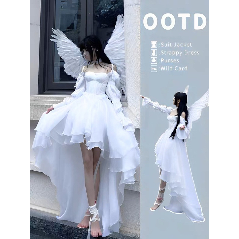 ชุดเดรสสีขาว-แขนยาวเกาะอก-ชุดคอสเพย์-ชุดเดรสออกงาน-เรียบๆ