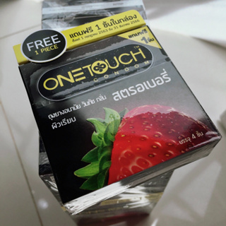 กล่อง4 ชิ้น (ฟรี1ชิ้น) Exp 2568 onetouch strawberry condom ถุงยางอนามัย วันทัช สตรอเบอร์รี่ ผิวเรียบ52mm