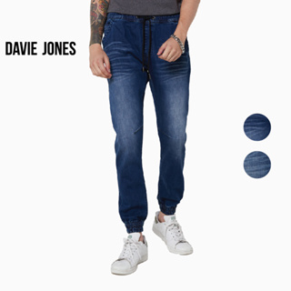 DAVIE JONES กางเกงจ็อกเกอร์ ยีนส์ เอวยางยืด สีฟ้า สีกรม Drawstring Denim Joggers in light blue navy DN0012MN NV