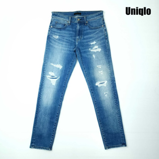 ยีนส์ Uniqlo เอว 29-30 สีฟอก ผ้านุ่มยืด แต่งขาดเดิมๆ ขาเดฟ