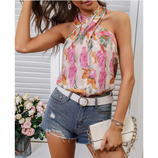 เสื้อคล้องคอ งานสวยมาก สีชมพูพาสเทล All Over Print Backless Halter Top