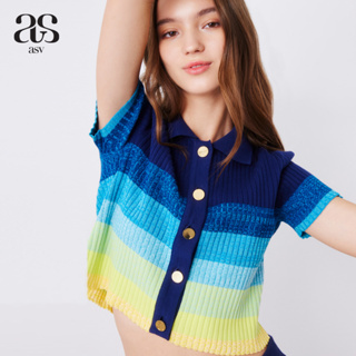 [asv ss23] Colorful Stripe Knitted Top เสื้อผู้หญิง แขนสั้น ทรงครอป คอปกโปโล แต่งกระดุมหน้า ผ้านิตทอเนื้อร่อง
