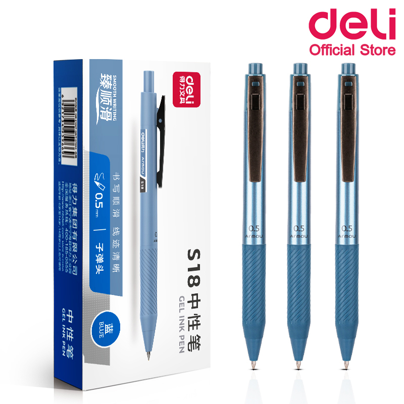 deli-s18-gel-pen-ปากกา-ปากกาเจล-หมึกน้ำเงิน-0-5mm-แพ็คกล่อง-12-แท่ง-ปากกา-อุปกรณ์การเรียน-เครื่องเขียน-ปากกาเจลราคาถูก