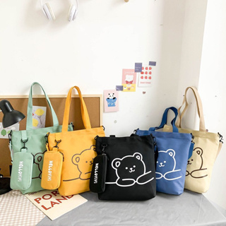 [YXIN]BEAR# กระเป๋าสะพายข้างใบใหญ่ กระเป๋าถือน่ารักๆ กระเป๋าผ้ามินิมอล Tote Bag ผ้าแคนวาส