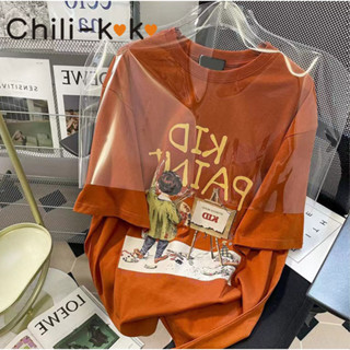 Chili_k❤️k❤️✨เสื้อยืดโอเวอร์ไซส์ oversize เสื้อผ้าแฟชั่นวัยรุ่น เสื้อยืดวินเทจผู้หญิง สกรีนลายการ์ตูน ฮิปฮอป 2383