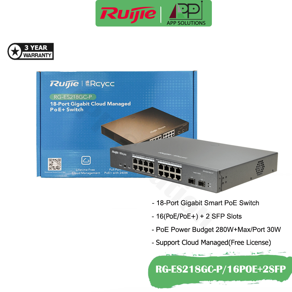 1free1-reyee-switch-สวิตซ์ฮับ-port-gigabit-16poe-2sfp-รุ่นrg-es218gc-p-ประกัน3ปี
