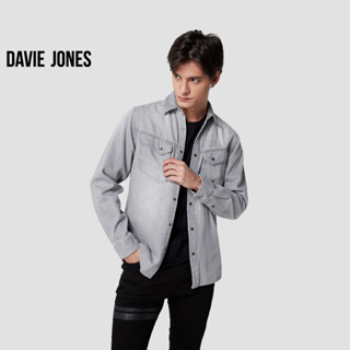 DAVIE JONES เสื้อเชิ้ตยีนส์ ผู้ชาย แขนยาว สีเทา Long Sleeve Shirt in grey SH0108GY