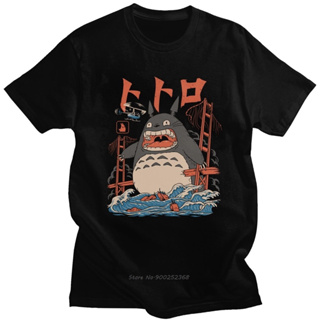 Totoro เสื้อผ้าโจมตีเพื่อนบ้านของฉัน ผ้าฝ้ายสไตล์ Miyazaki Hayao สำหรับผู้ชายและผู้หญิง แฟชั่นเสื้อยืดสไตล์ญี่ปุ่น